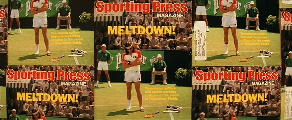 The Royal Tenenbaums (2001) movie still: medium — A magazine cover features a tennis player standing on a court during a match. The headline reads…