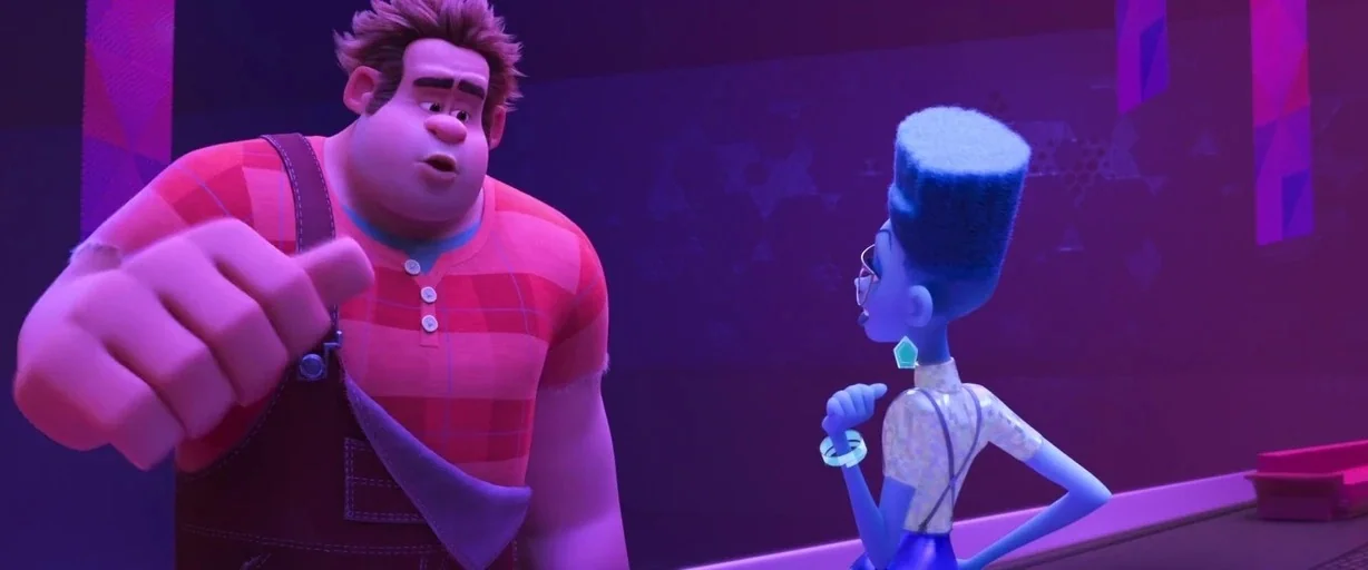 Ralph Breaks the Internet (2018) movie still: medium — A spacious, modern room is decorated with pink and purple geometric patterns. A large man…