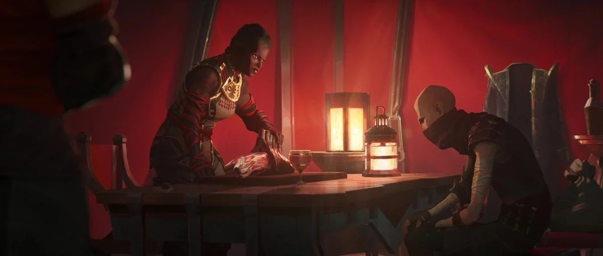 Arcane (2024) movie still: medium — Inside a red-walled tent, a woman with braided hair prepares raw meat on a table. Beside her, a bald man with a…