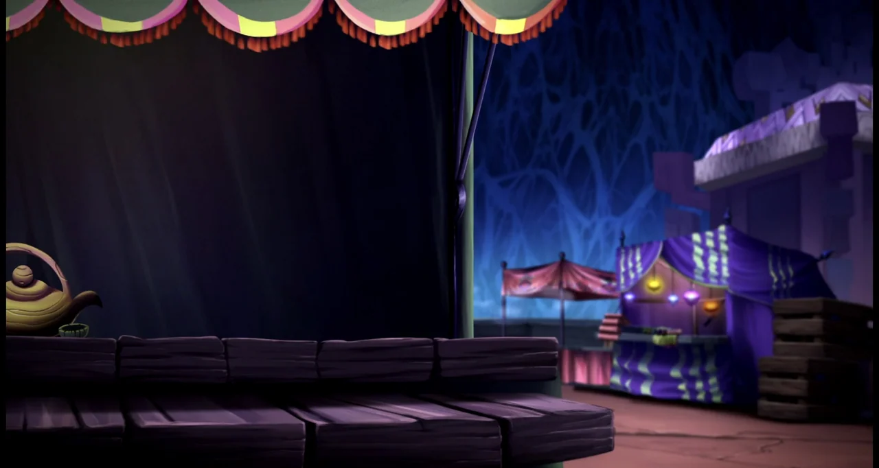 Las leyendas: El origen (2021) movie still: medium — A night market setting features a purple stall with glowing lanterns in the background. A dark…