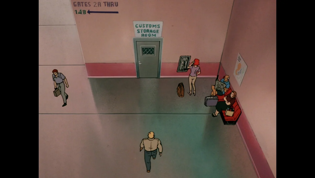 Scooby-Doo on Zombie Island (1998) movie still: wide — An overhead view of an airport terminal hallway with pastel pink walls and signage. Several…