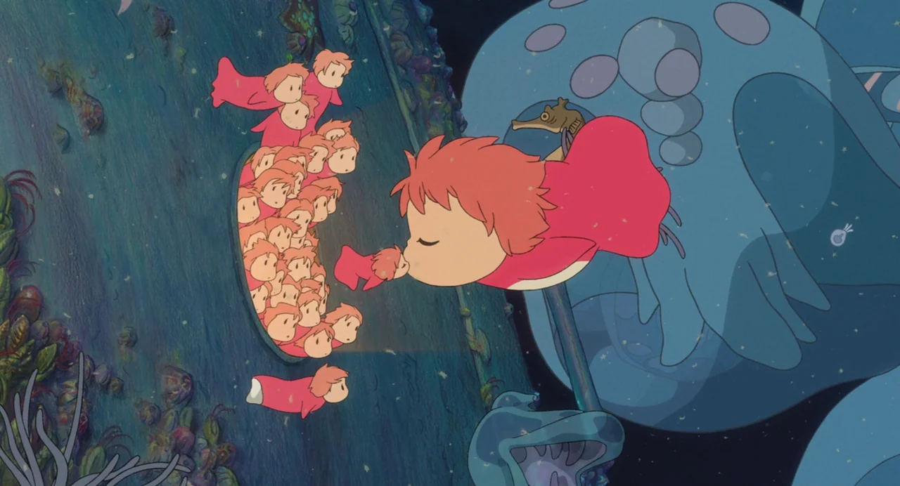 Ponyo (2008) movie still: medium — An underwater scene features a dark blue metal structure covered in organic debris. A small red creature…