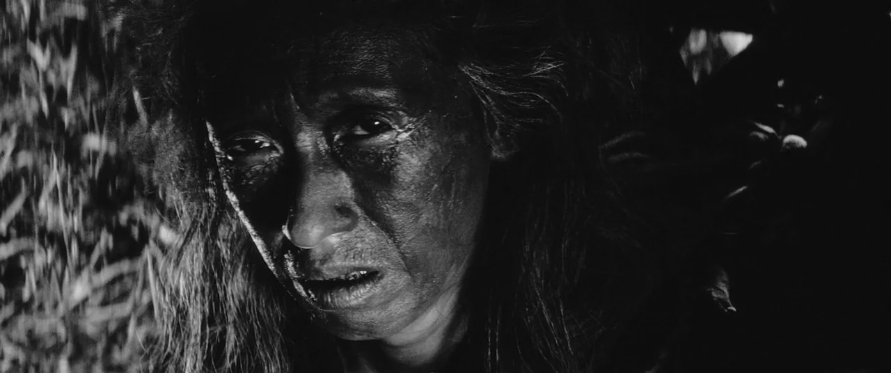 Onibaba (1964) movie still: closeup — A dark outdoor space with vegetation visible in the blurry peripheral areas. A woman looks at the camera while…