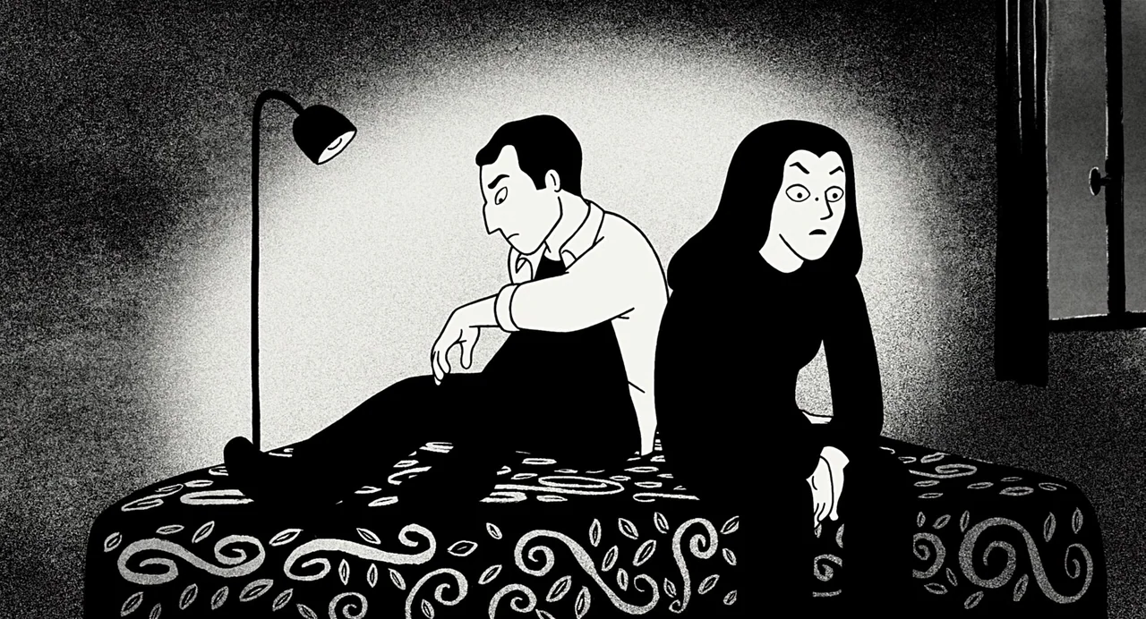 Persepolis (2007) movie still: medium — A dimly lit room with high-contrast black and white graphic styling and stippling. A man and a woman sit…