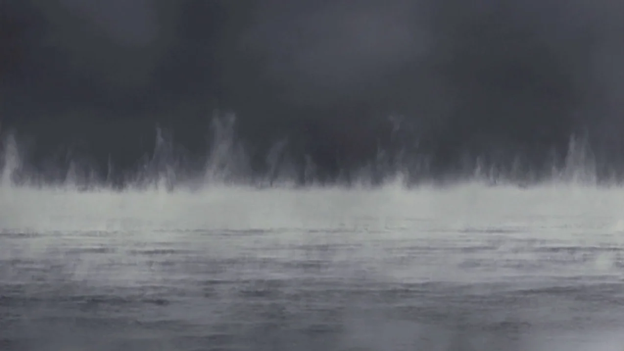 Russian Ark (2002) movie still: establishing — A dark, overcast sky hangs over a vast expanse of gray, choppy water. Thick white sea smoke rises…