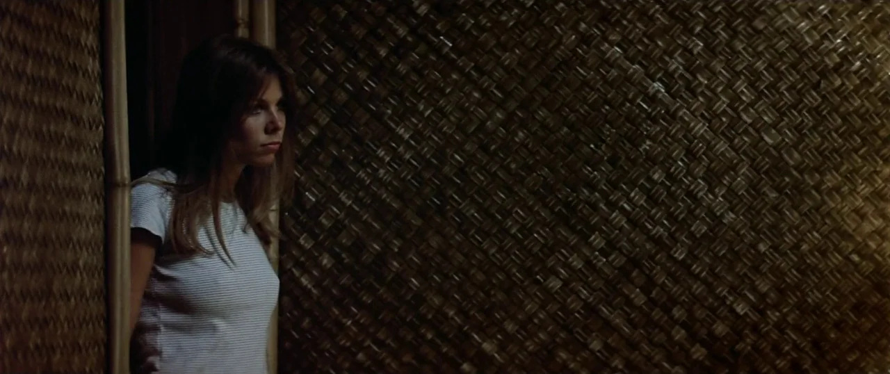 The Parallax View (1974) movie still: medium — A structure with woven bamboo wall panels and a narrow vertical doorway entrance. A young woman in a…