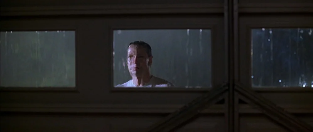 American Beauty (1999) movie still: medium — A dark night exterior features a segmented garage door with rectangular glass window panels. A man…