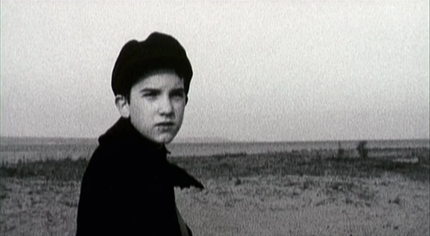 Brand Upon the Brain! (2006) movie still: medium — A flat sandy coastline extends toward a distant water line under an overcast sky. A young boy in…
