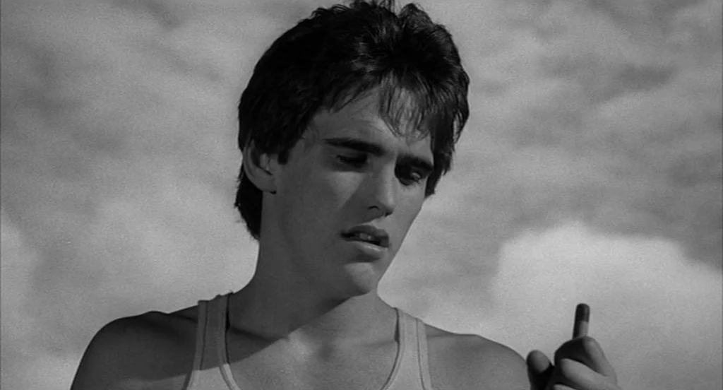 Rumble Fish (1983) movie still: closeup — A man stands outdoors beneath an expansive cloudy sky. He looks down at a small object held in his hand.