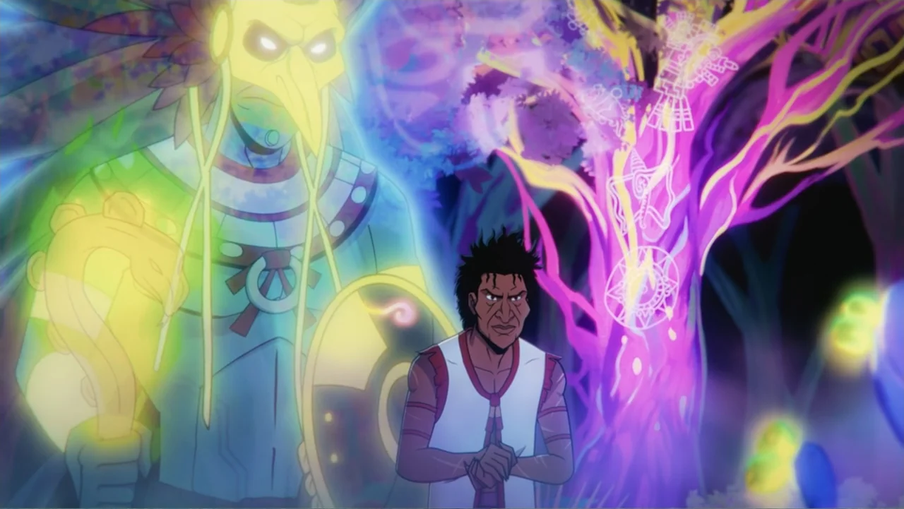 Aztec Batman: Clash of Empires (2025) movie still: medium — A dark, mystical jungle environment features trees marked with glowing, intricate,…