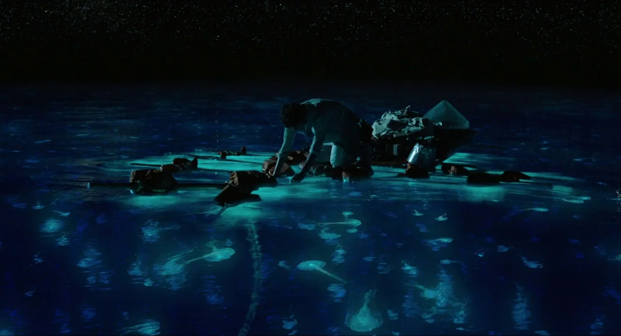 Life of Pi (2012) movie still: wide — A small makeshift raft floats on the surface of dark, vast ocean waters at night. A young man reaches toward…