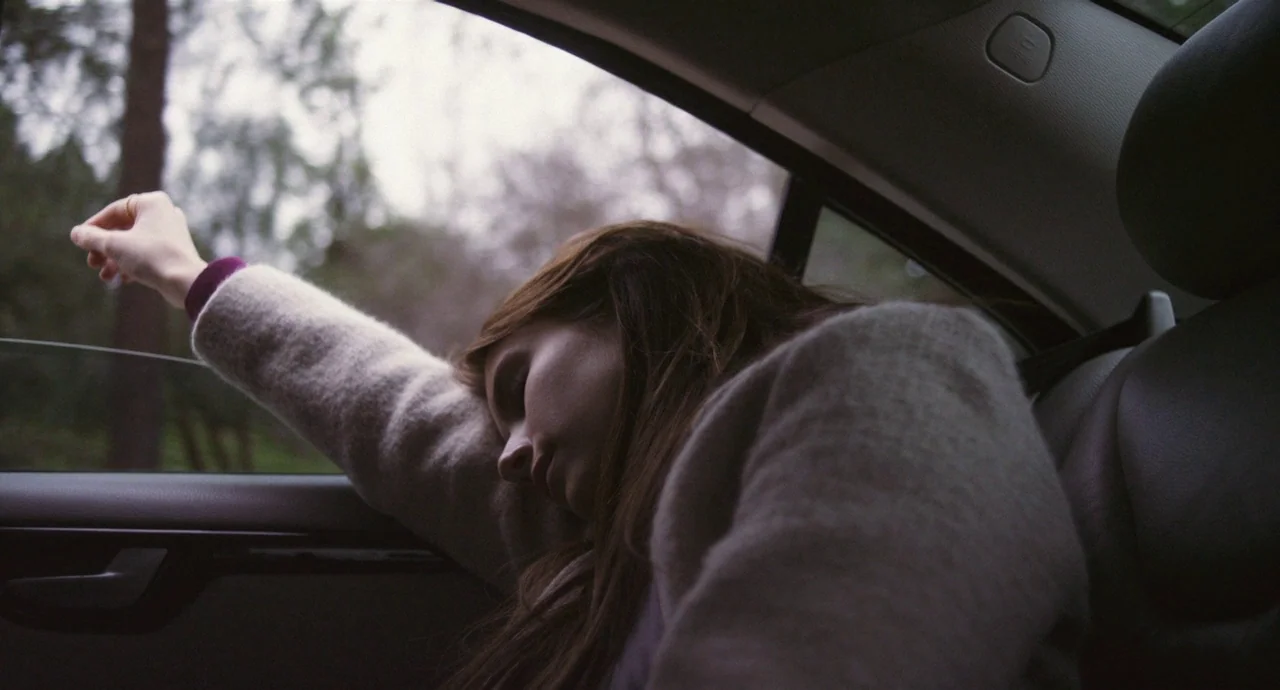 Palo Alto (2013) movie still: medium — Interior view of a modern car backseat with leather upholstery and window trim. A young woman with brown hair…