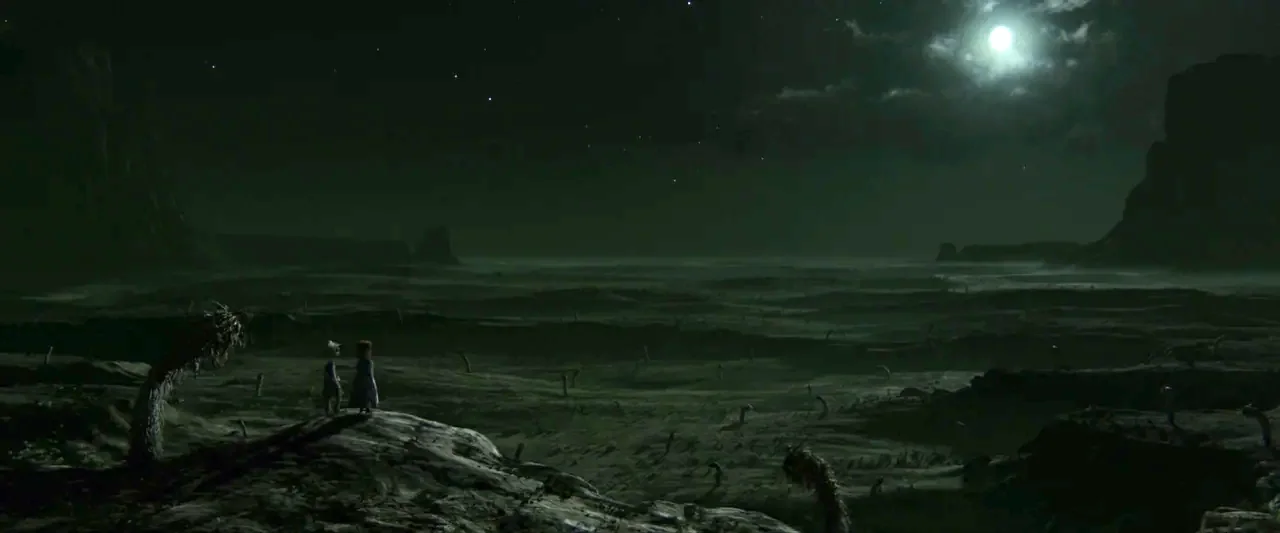 Rango (2011) movie still: wide — An arid, rocky desert plain extends under a dark night sky with a full moon. Two small figures stand on a rocky…