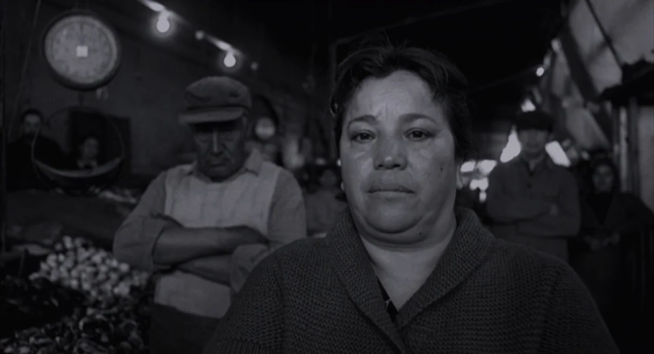 The Motorcycle Diaries (2004) movie still: medium — A dimly lit indoor market stall with figures blurred in the background. A woman stands in the…