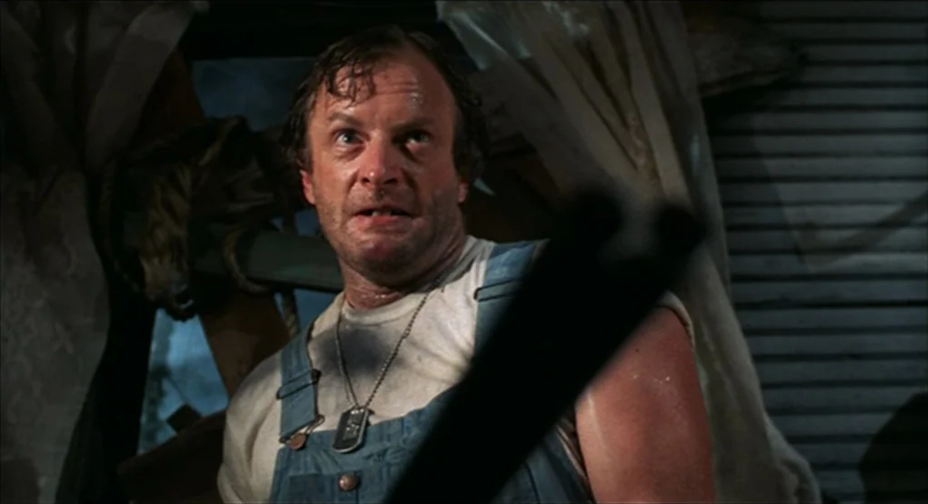Evil Dead II (1987) movie still: medium — A dimly lit room with distressed white wooden walls and tattered curtains visible behind. A middle-aged…