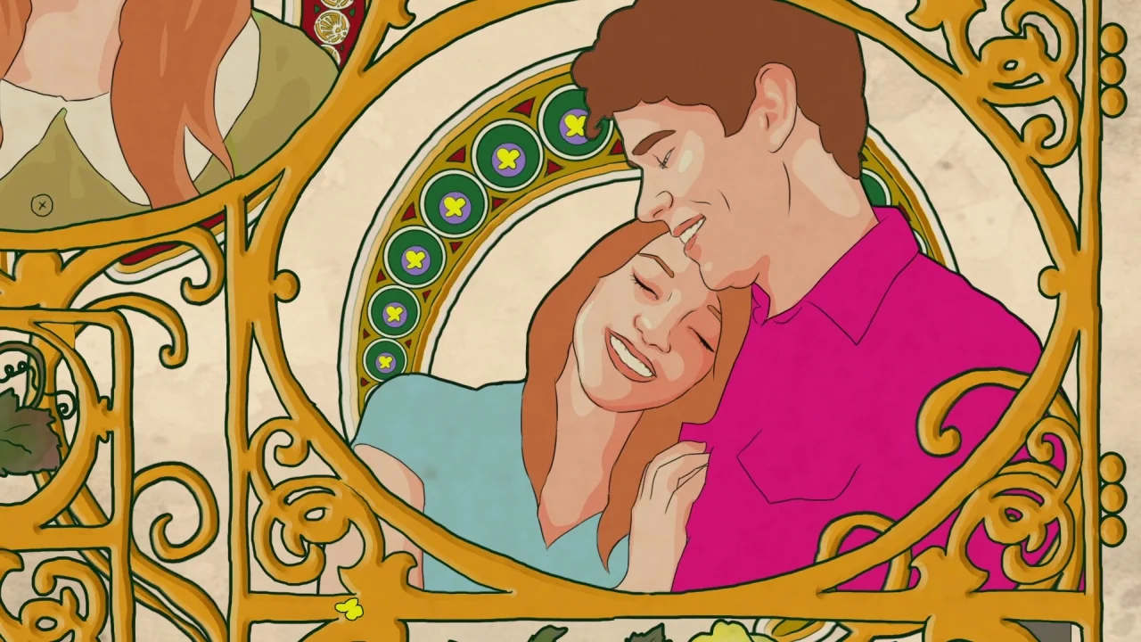 Tower (2016) movie still: medium — An Art Nouveau style graphic illustration features a stylized decorative golden frame. A young couple leans…