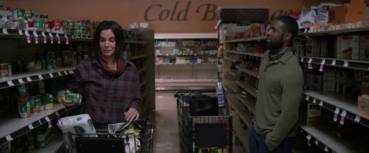 Bird Box (2018) movie still: medium — An aisle in a grocery store with shelves stocked with cans and dry goods. A woman shops while a man stands…