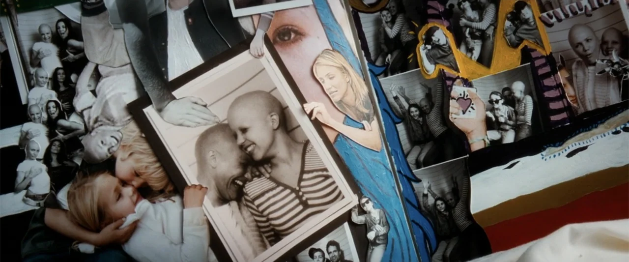 My Sister's Keeper (2023) movie still: closeup — A close-up view of a hand-made collage featuring multiple overlapping printed photographs. Several…