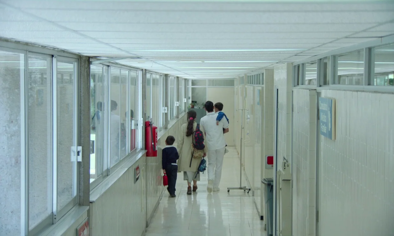 The Untamed (2016) movie still: fullbody — A long, narrow sterile hospital hallway features white tiled walls and floor-to-ceiling windows. A man in…