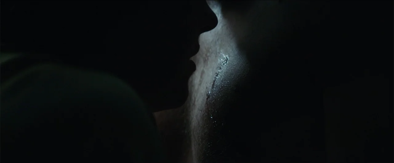 Fifty Shades Freed (2018) movie still: closeup — An indistinct interior space is enveloped in profound darkness with minimal visible light. Two…