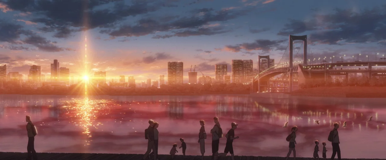 Suzume (2022) movie still: wide — A wooden pier overlooks a calm river reflecting the sunset and a modern city. Silhouetted figures walk across the…