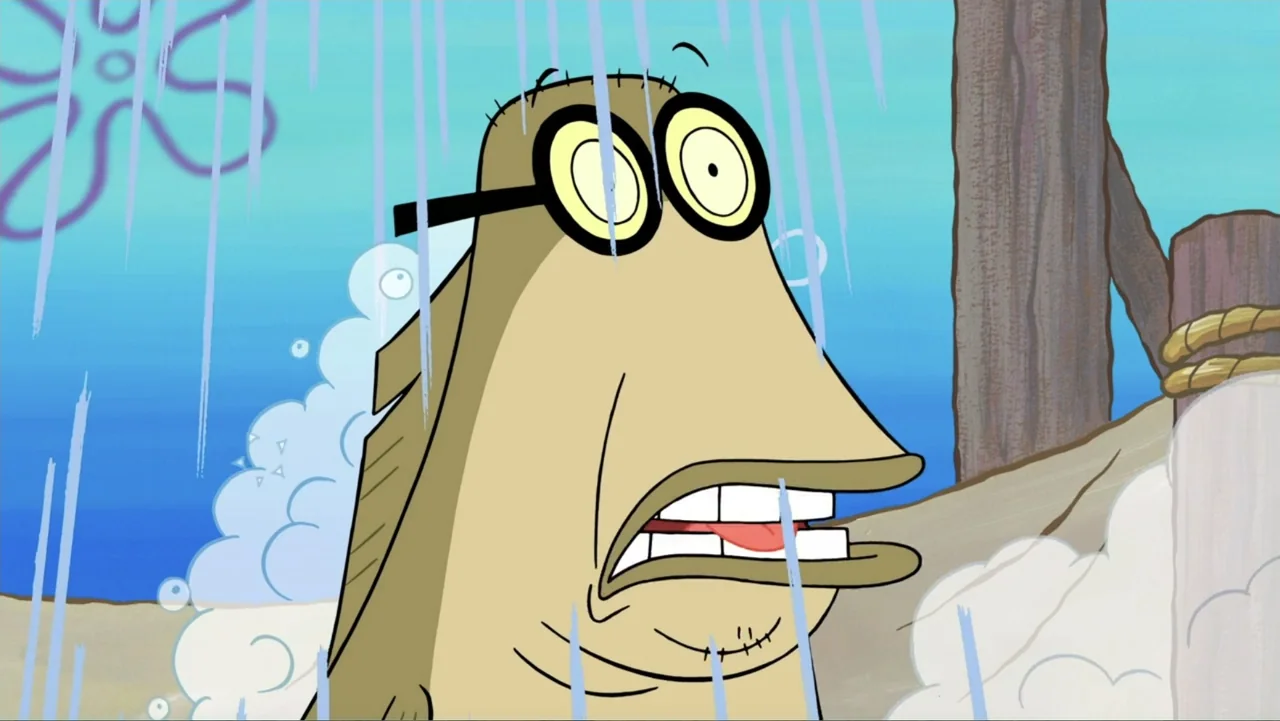 SpongeBob Squarepants: Kreepaway Kamp (2024) movie still: closeup — A light blue underwater environment with vertical rain lines falling in the…