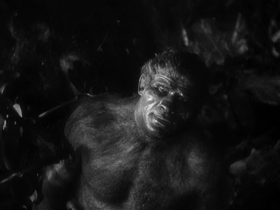 Island of Lost Souls (1932) movie still: medium — A dense, dark jungle environment with thick, shadowy foliage surrounding the subject. A primitive…