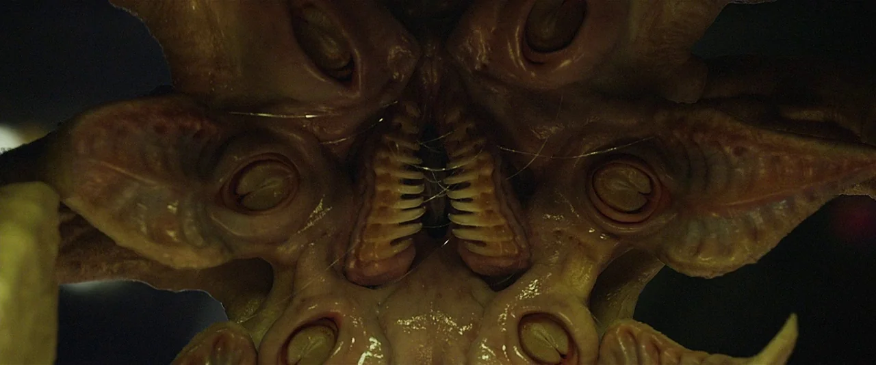 Prometheus (2012) movie still: closeup — A close-up view shows the detailed, textured orifice of a multi-eyed creature. Rows of sharp, pale teeth…