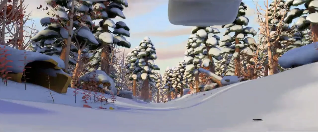 Boonie Bears: A Mystical Winter (2015) movie still: establishing — A snowy woodland area with coniferous trees covered in layers of fresh snow. The…