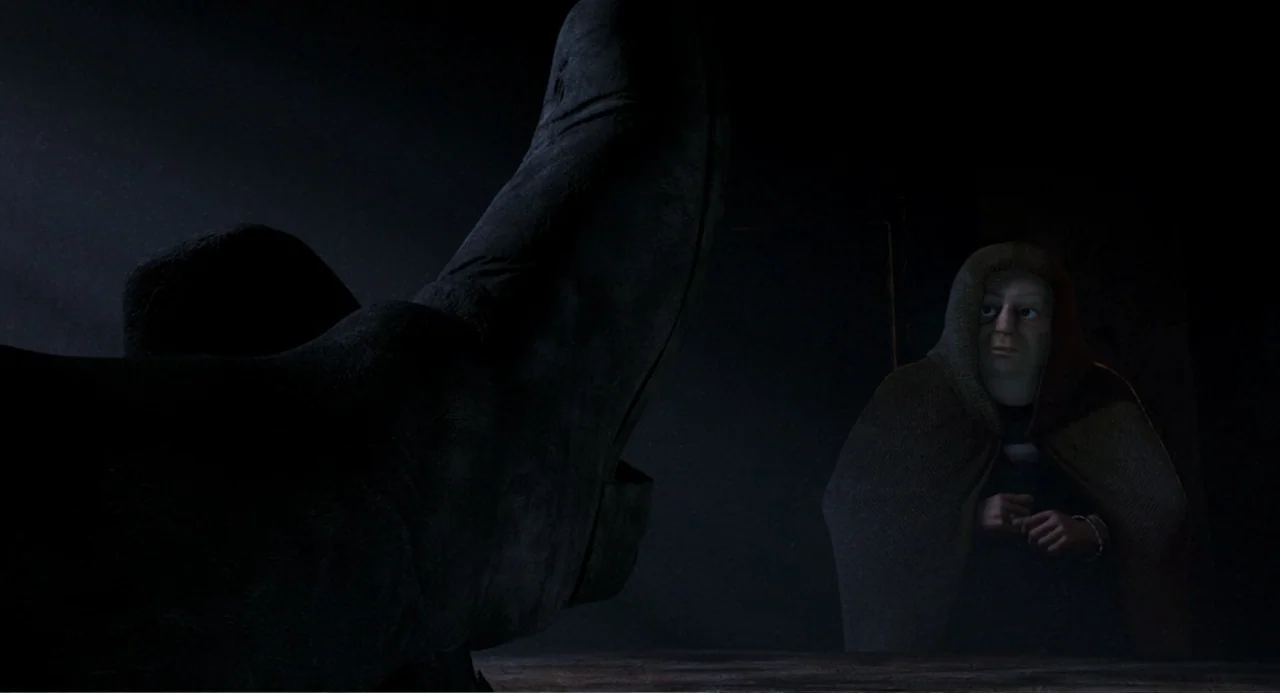 Shrek 2 (2004) movie still: medium — A dimly lit tavern interior is dominated by a large, dark boot resting on wood. A mysterious elderly figure in…