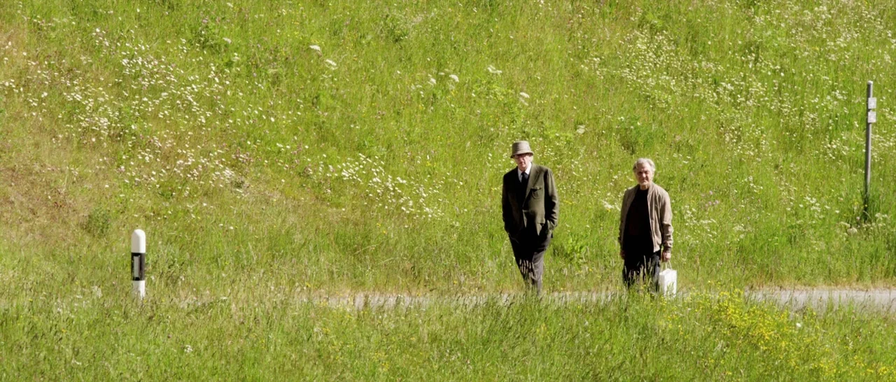 Youth (2015) movie still: wide — A vast, sunlit meadow filled with tall green grass and scattered wildflowers. Two elderly men walk together along a…