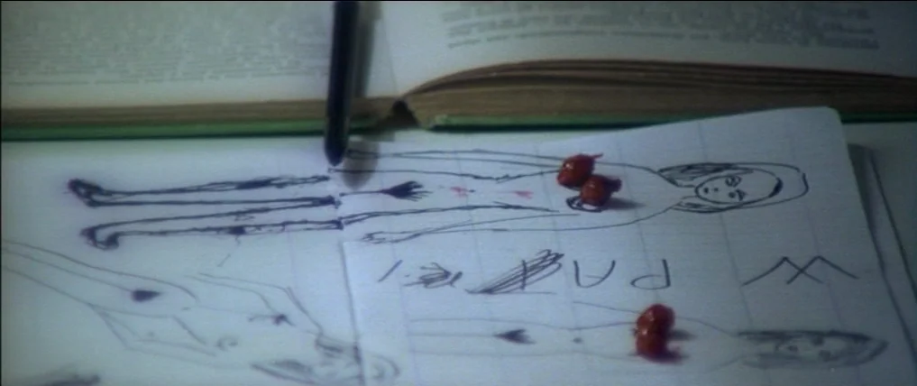 Don’t Torture A Duckling (1972) movie still: closeup — Hand-drawn figures of people on lined paper lie on a desk. Small clumps of dark red substance…