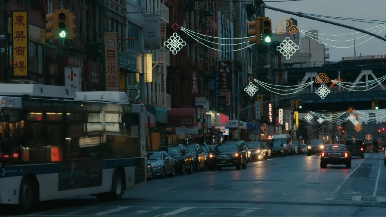 Maggie's Plan (2016) movie still: wide — A busy city street at dusk features multiple parked cars and a public bus. Illuminated decorative lanterns…