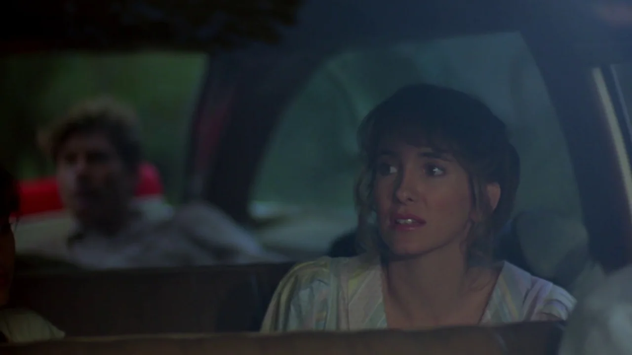 Friday the 13th: The Final Chapter (1984) movie still: medium — A dark vehicle interior with a woman sitting in the back seat at night. She gazes…