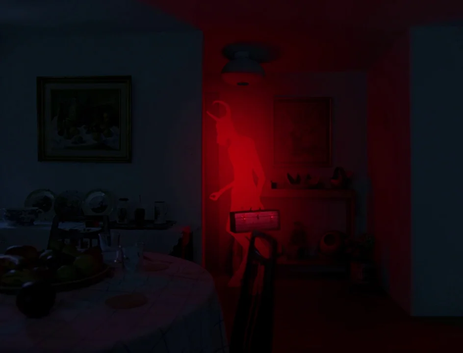 Post Tenebras Lux (2012) movie still: wide — A dark dining room features a table with fruit and framed wall art. A horned figure appears as a…