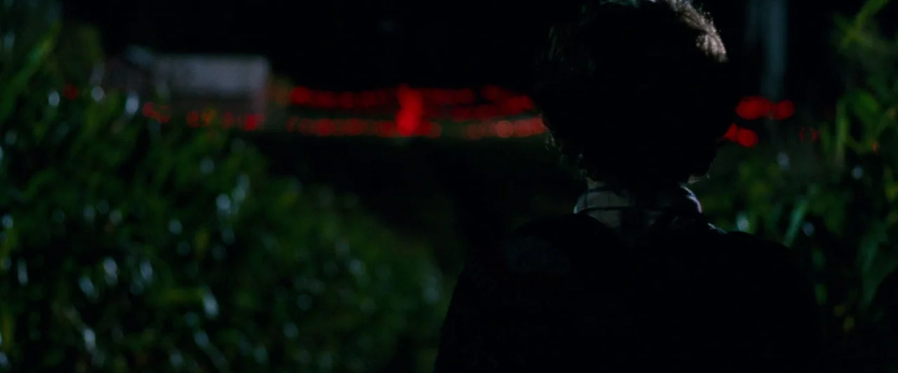 A Quiet Place (2018) movie still: medium — A dark night scene featuring a person seen from behind in an outdoor field. Distant red lights glow in…