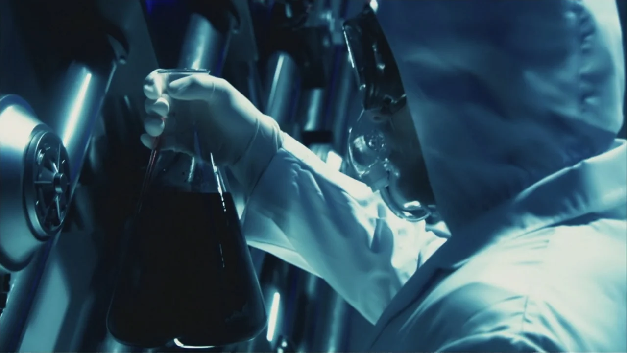 Ultraviolet (2006) movie still: medium — A researcher works inside a dimly lit laboratory space filled with industrial pipes. The scientist wears…