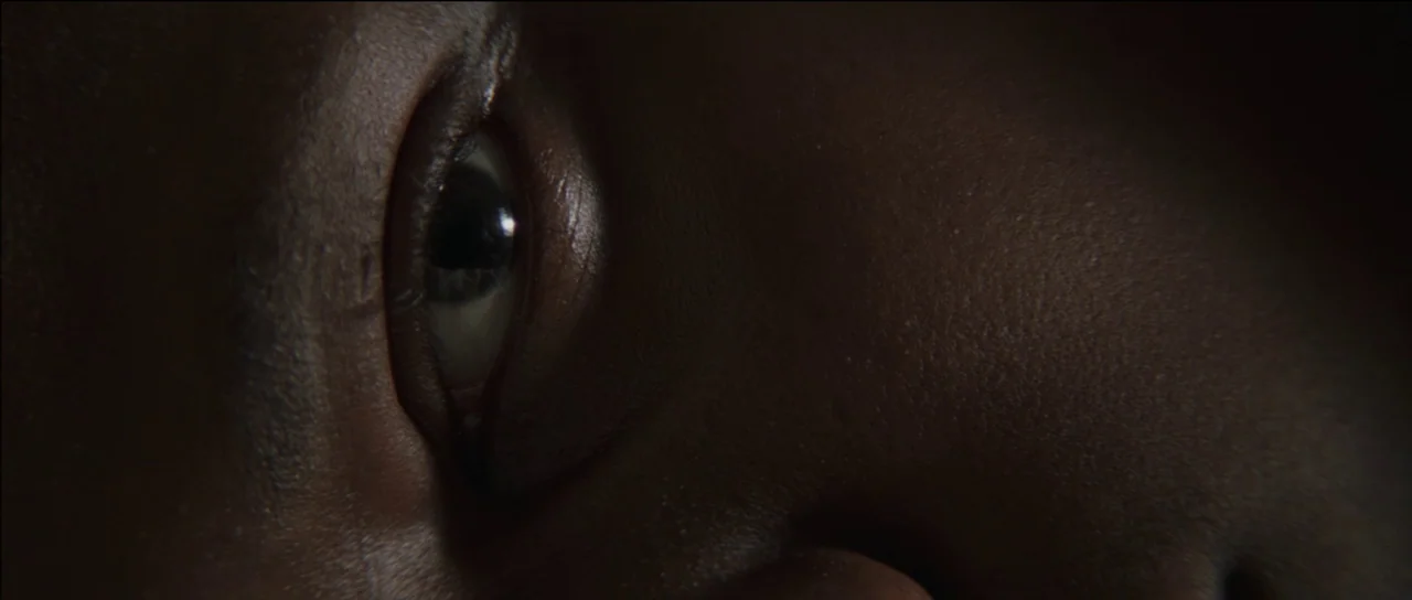 Finding Forrester (2000) movie still: closeup — A close-up view of a human eye set against a dark background. The light highlights the iris and the…