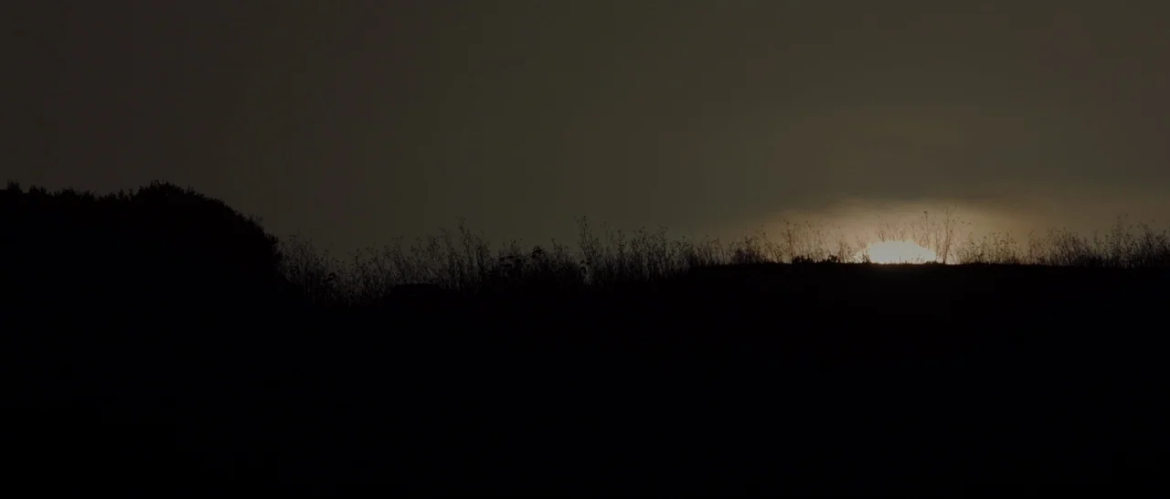 By The Sea (2015) movie still: establishing — A dark grassy hill occupies the foreground against a dim, overcast twilight sky. The sun is partially…