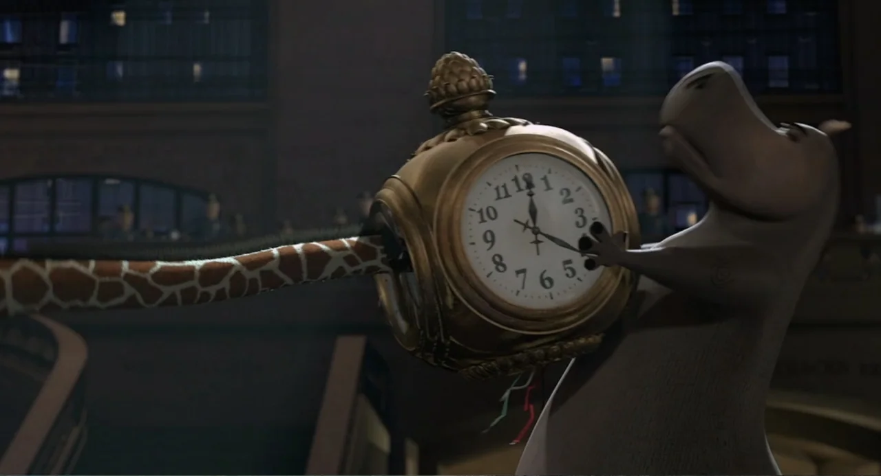 Madagascar (2005) movie still: medium — A large indoor train station hall features dark architectural elements and ambient night lighting. A CGI…