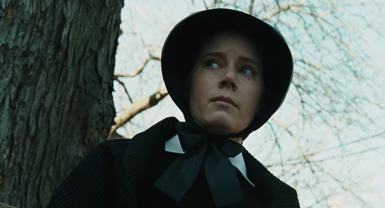 Doubt (2008) movie still: closeup — A woman stands in a forest with leafless trees against a bright overcast sky. The subject wears a…
