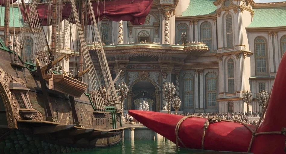 The Sea Beast (2022) movie still: wide — A large sailing ship docks before an ornate, classical-style palace with a green roof. A crowd gathers at…