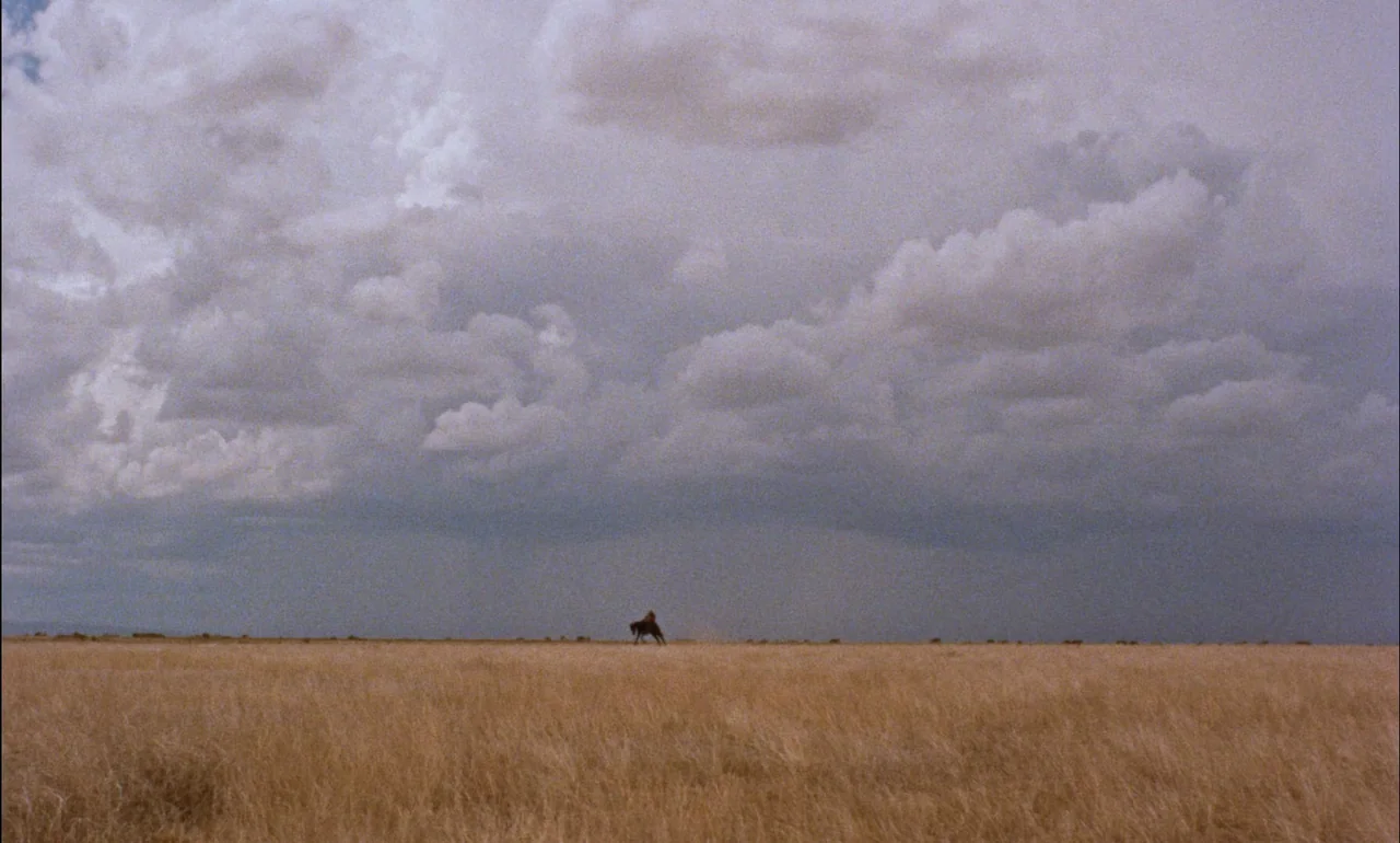 Giant (1956) movie still: wide — A vast, dry grassy plain stretches toward a distant horizon under a massive, heavy sky. A single rider on horseback…