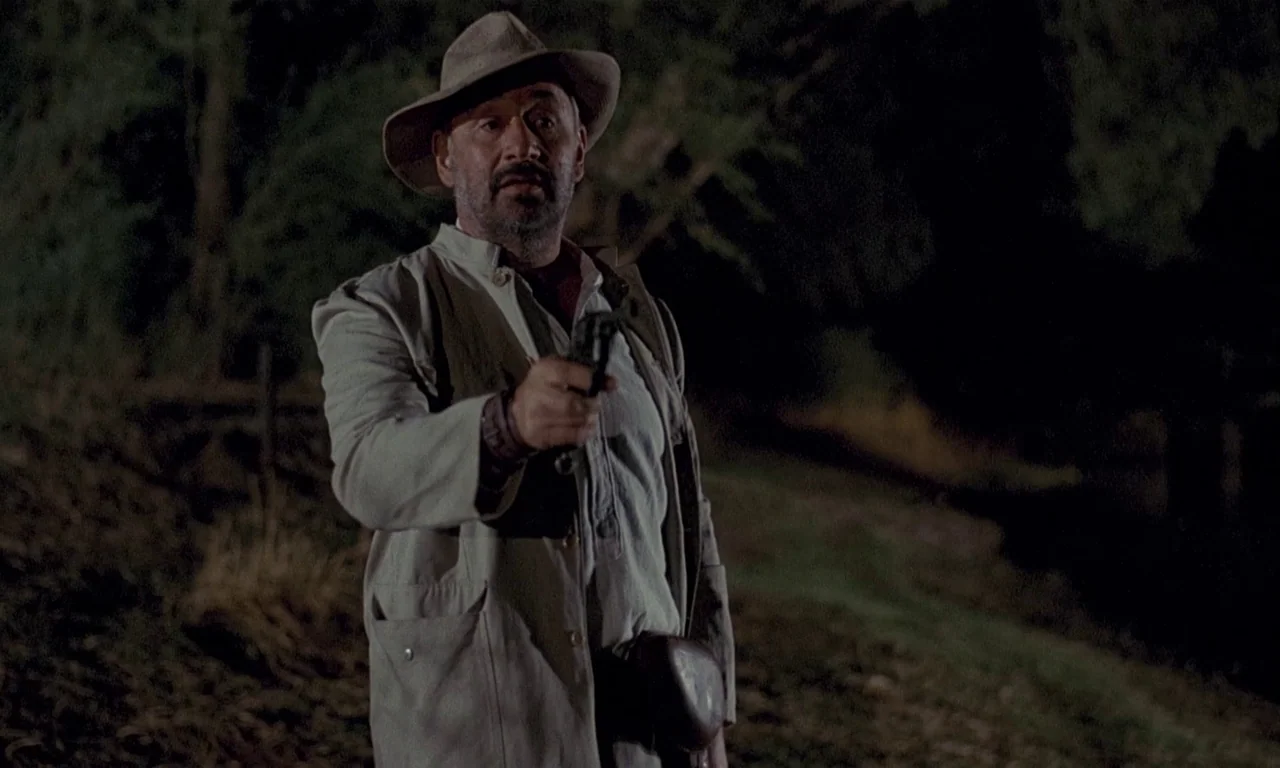 Coup De Torchon (1981) movie still: medium — A dark country road at night with foliage visible in the blurry background. An older man wearing a…