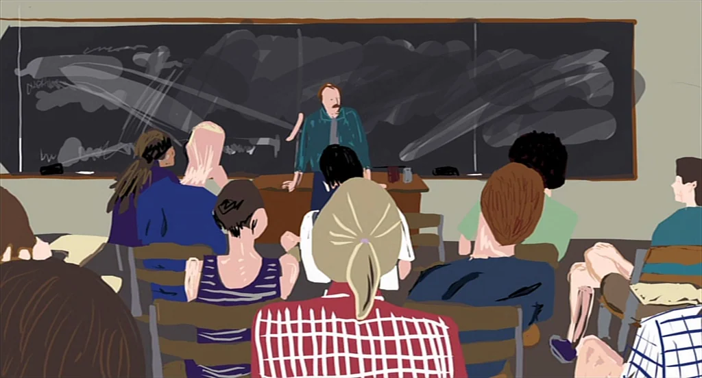 Waking Life (2001) movie still: medium — A school classroom with students sitting in rows facing a large blackboard. A male lecturer stands behind a…