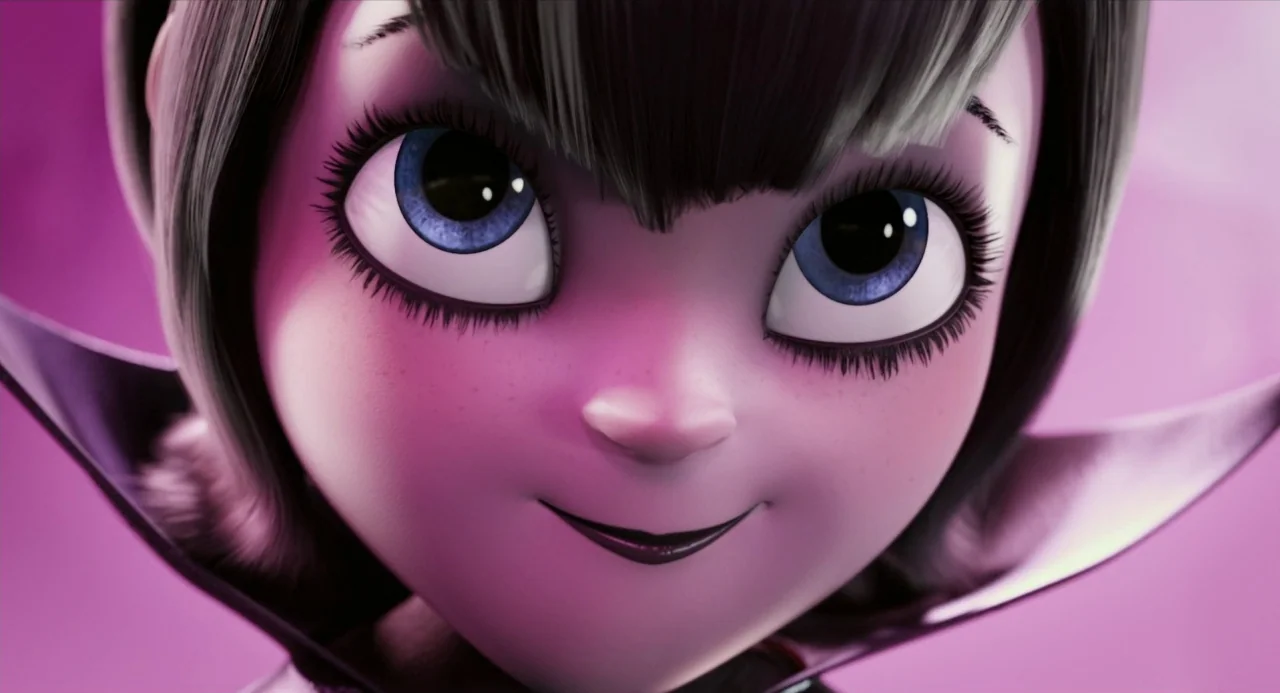 Hotel Transylvania movie still: closeup — A close-up of a stylized animated character against a soft pink backdrop. The character faces the camera…