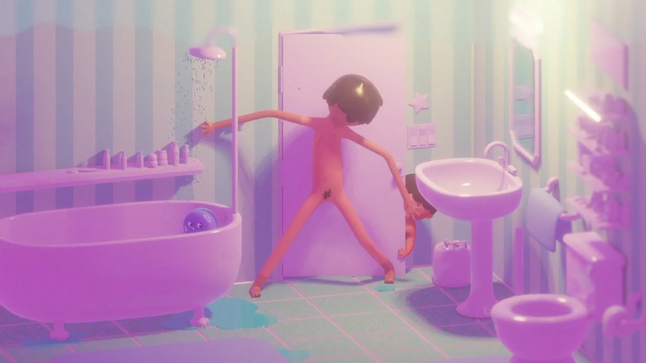 Boys Go To Jupiter (2024) movie still: wide — A stylized, colorful bathroom features striped wallpaper and rounded fixtures in purple hues. A…