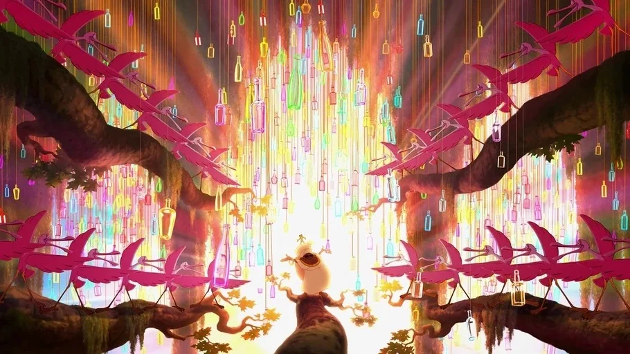 The Princess and the Frog (2009) movie still: wide — A fantastical swamp scene filled with glowing glass bottles hanging from large, mossy tree…