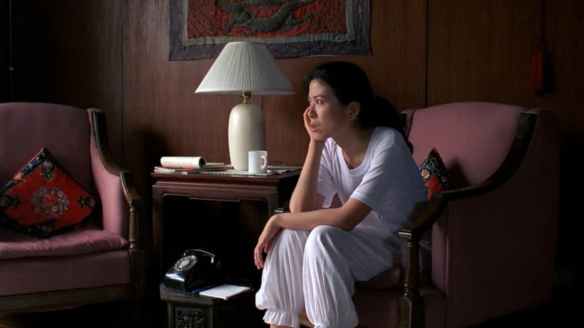 The Terrorizers (1986) movie still: medium — A dimly lit room with dark wood-paneled walls features two matching pink armchairs. A woman in white…