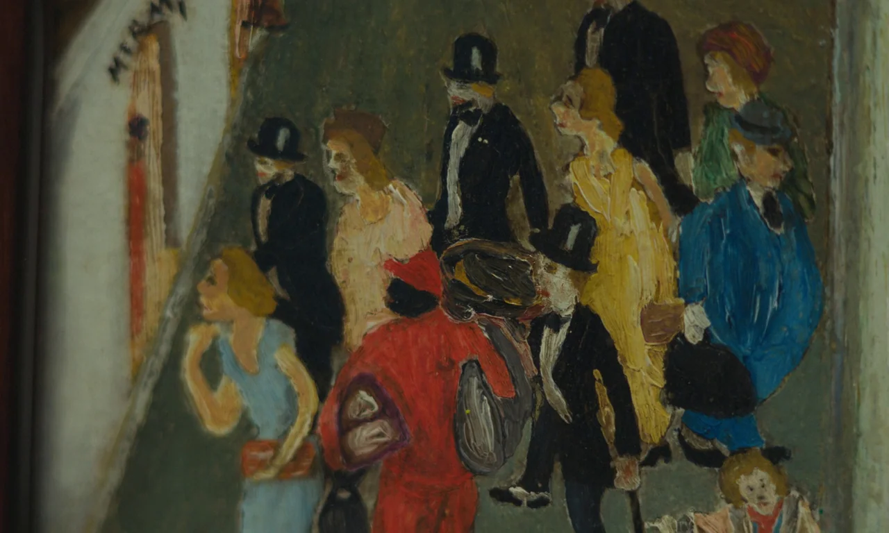 We Grown Now (2023) movie still: medium — An oil painting depicts a crowd of figures walking along a sidewalk. People in formal attire including top…